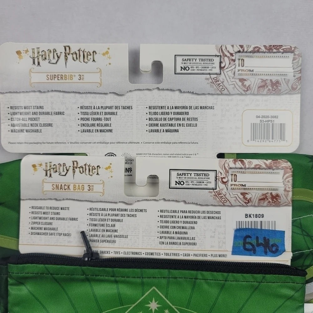 NWT set of Harry Potter Slytherin bibs & snack bag